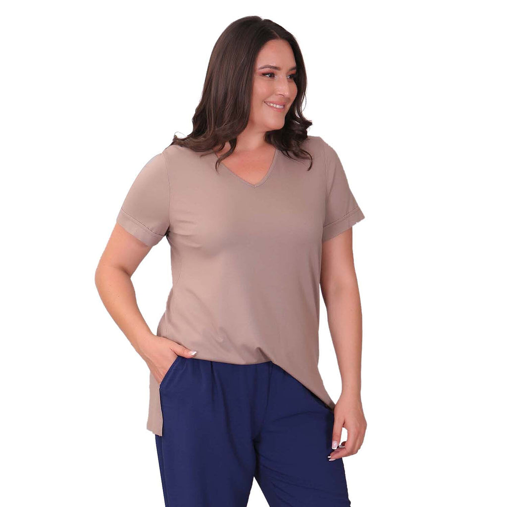 TAMSY Long Solid Colour Viscose Tunic Top (Size M,12-14) - Stone Colour