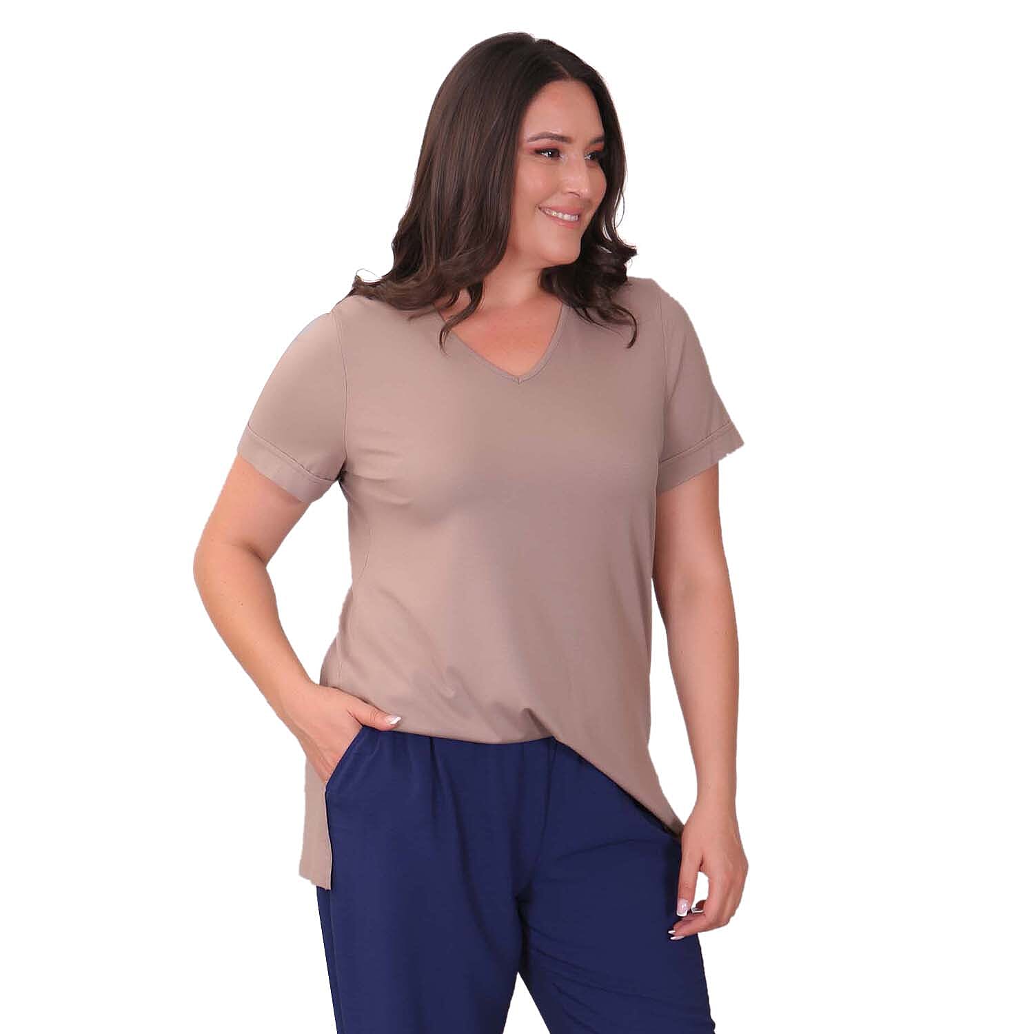 TAMSY Long Solid Colour Viscose Tunic Top (Size M,12-14) - Stone Colour