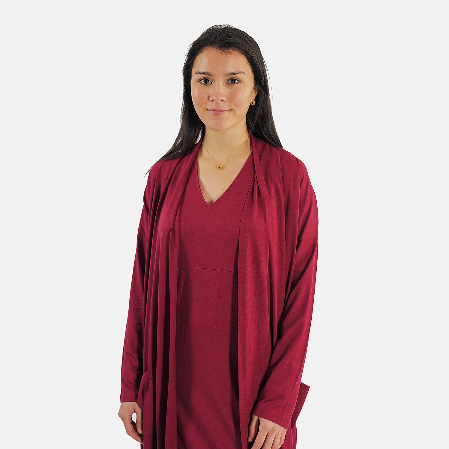 TAMSY Long Viscose Jersey Cardigan with Pocket (Size XL,20-22) - Cranberry