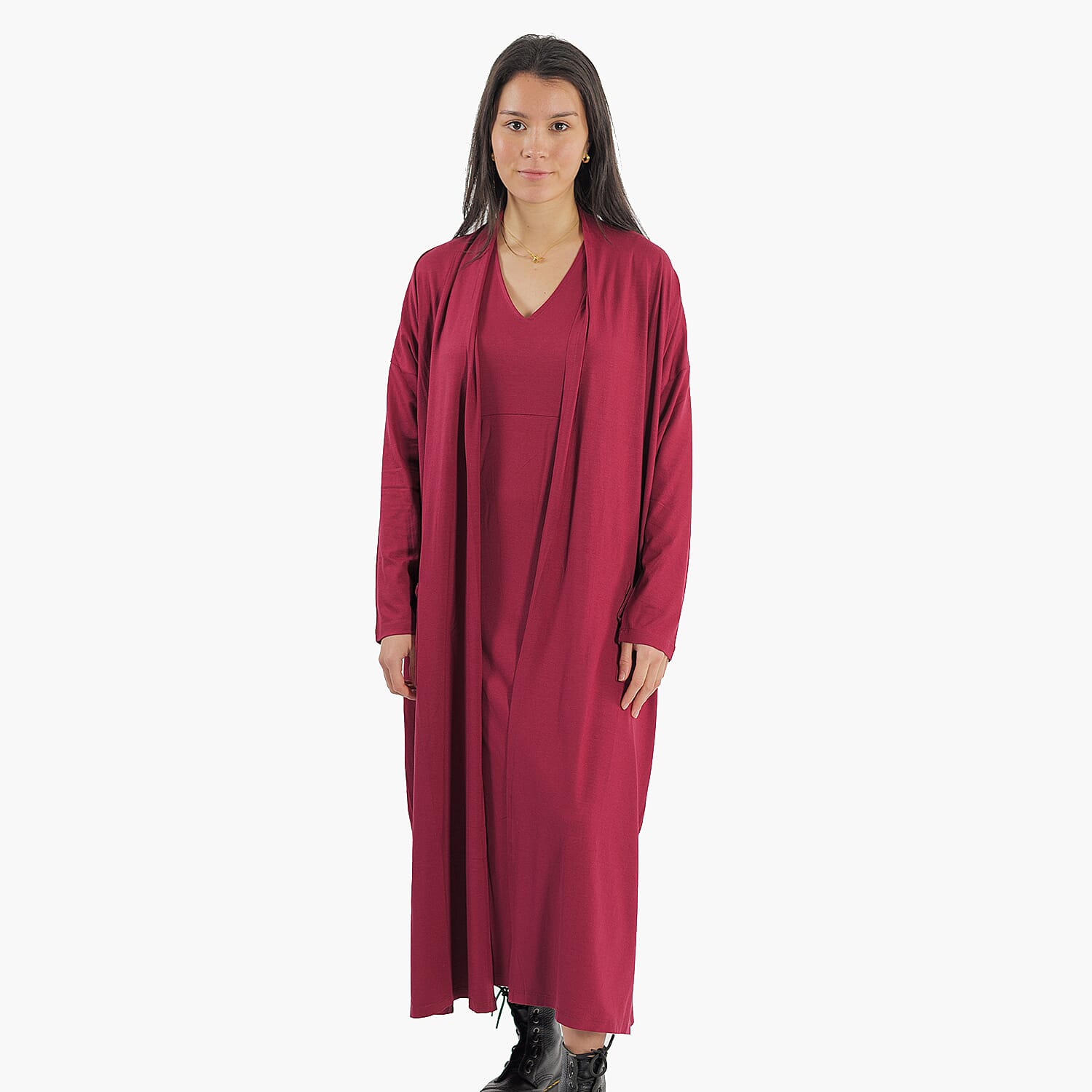 TAMSY Long Viscose Jersey Cardigan with Pocket (Size XXL,24-26) - Cranberry
