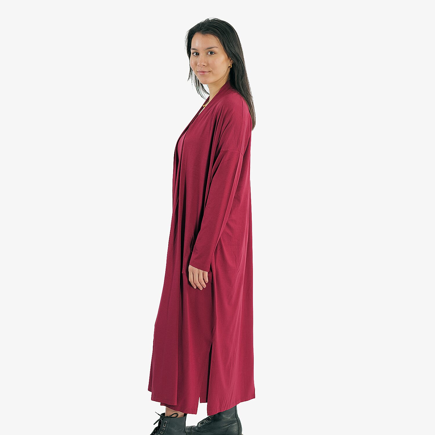 TAMSY Long Viscose Jersey Cardigan with Pocket (Size XXL,24-26) - Cranberry