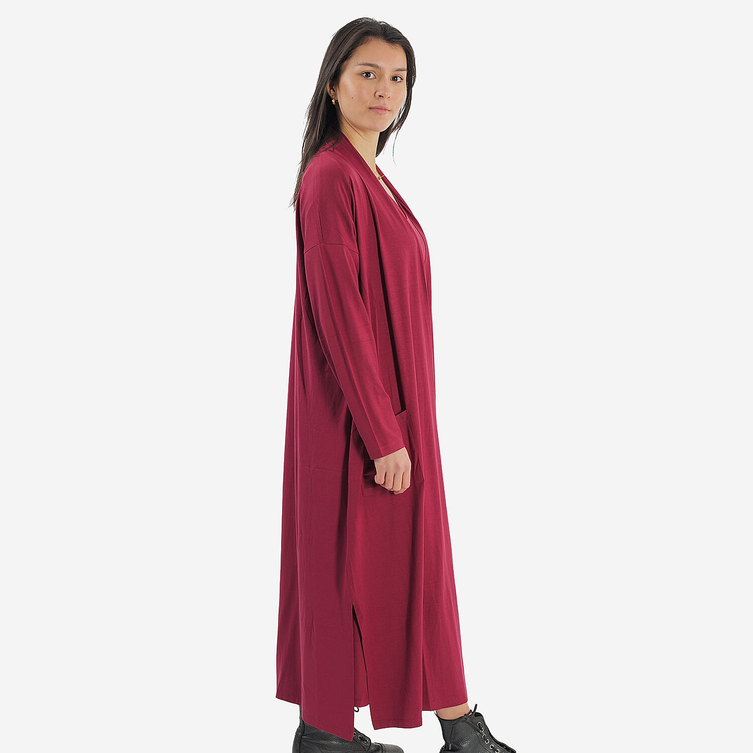 TAMSY Long Viscose Jersey Cardigan with Pocket (Size XXL,24-26) - Cranberry