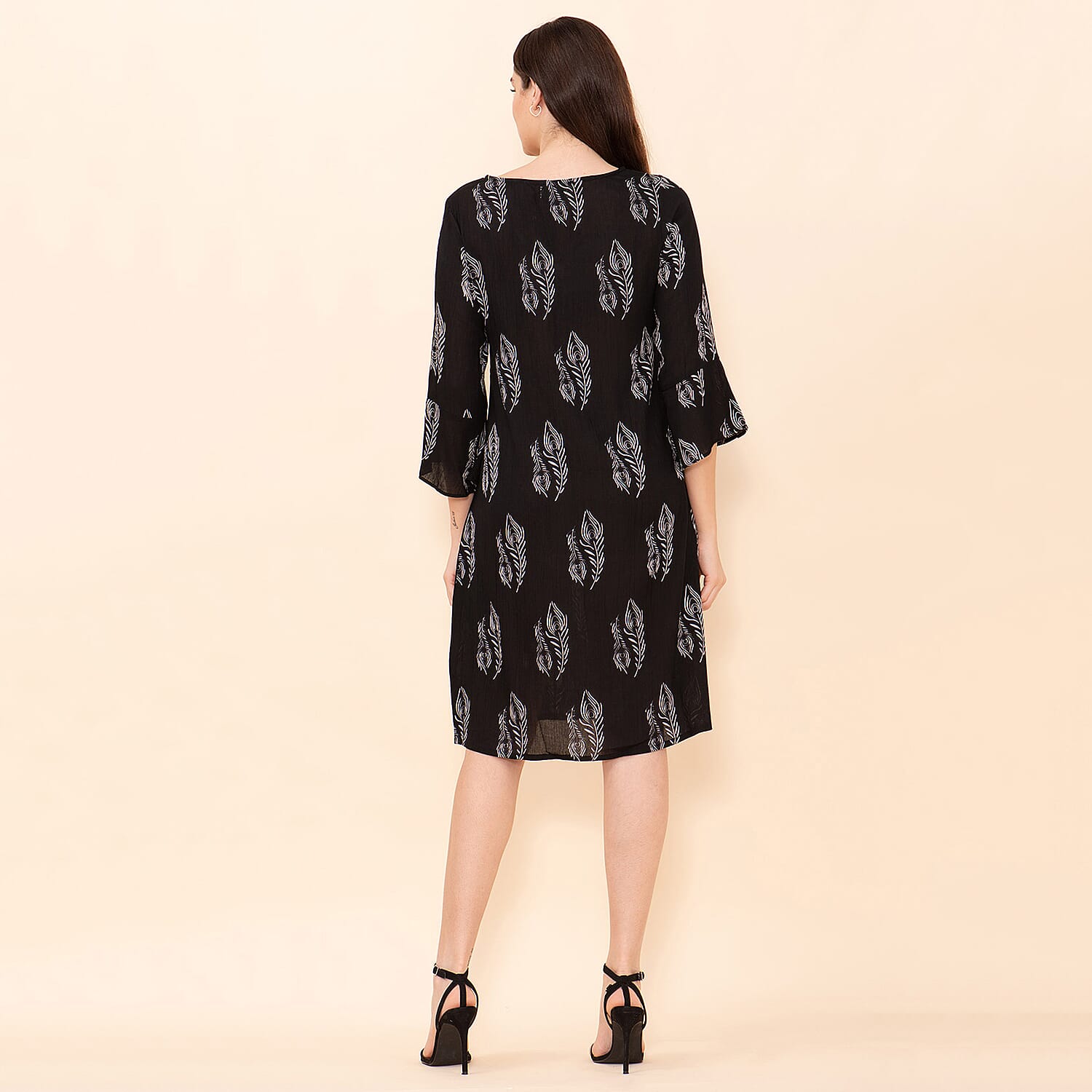 TAMSY 100% Viscose Peacock Pattern Midi Dress (Size 14) - Black - White