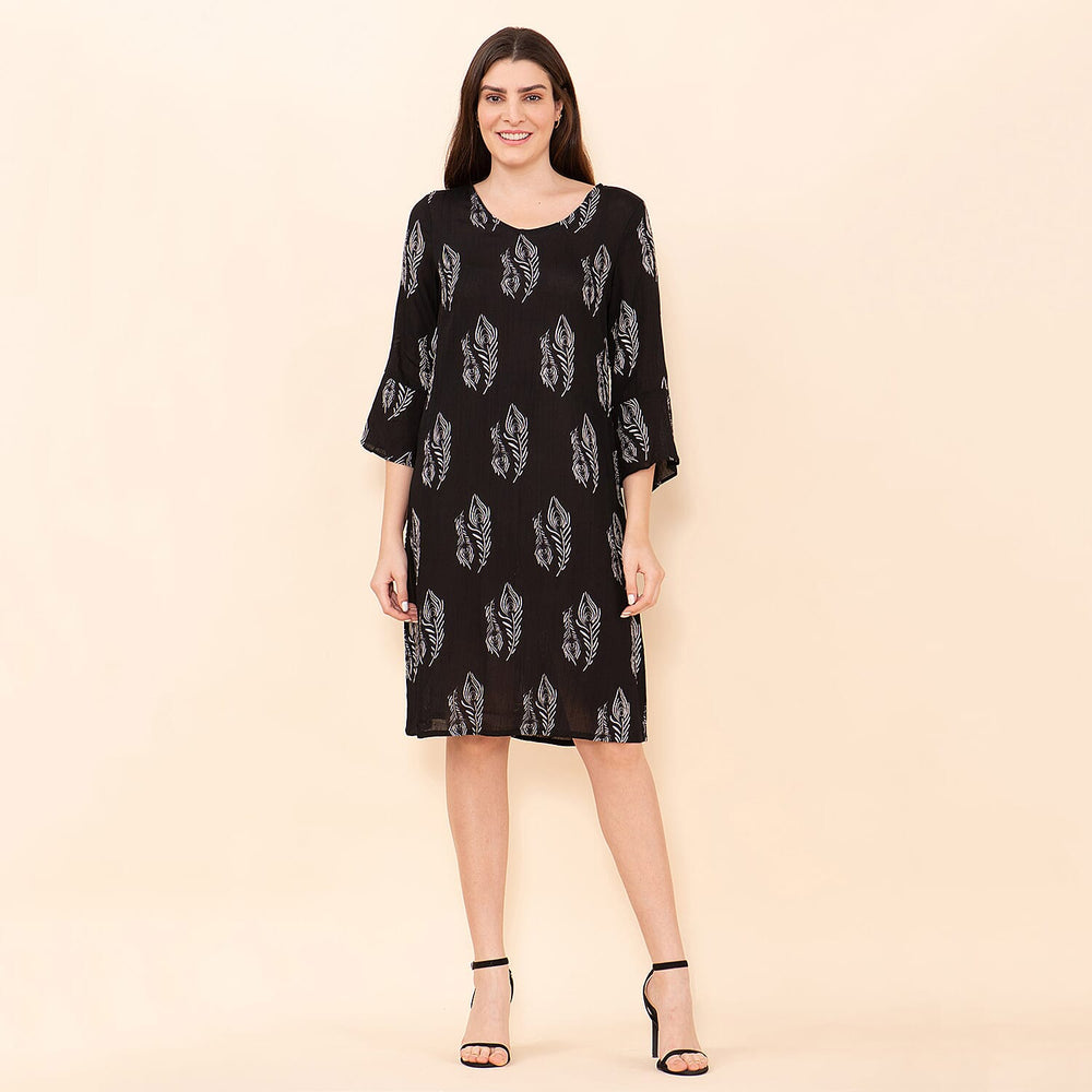 TAMSY 100% Viscose Peacock Pattern Midi Dress (Size 14) - Black - White