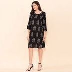 TAMSY 100% Viscose Peacock Pattern Midi Dress (Size 14) - Black - White