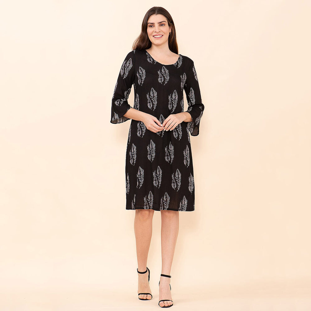 TAMSY 100% Viscose Peacock Pattern Midi Dress (Size 20) - Black - White