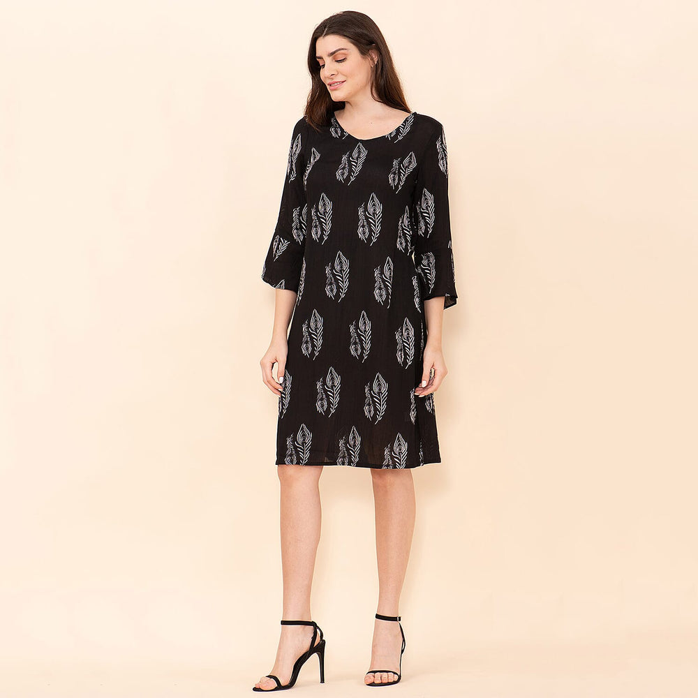 TAMSY 100% Viscose Peacock Pattern Midi Dress (Size 20) - Black - White