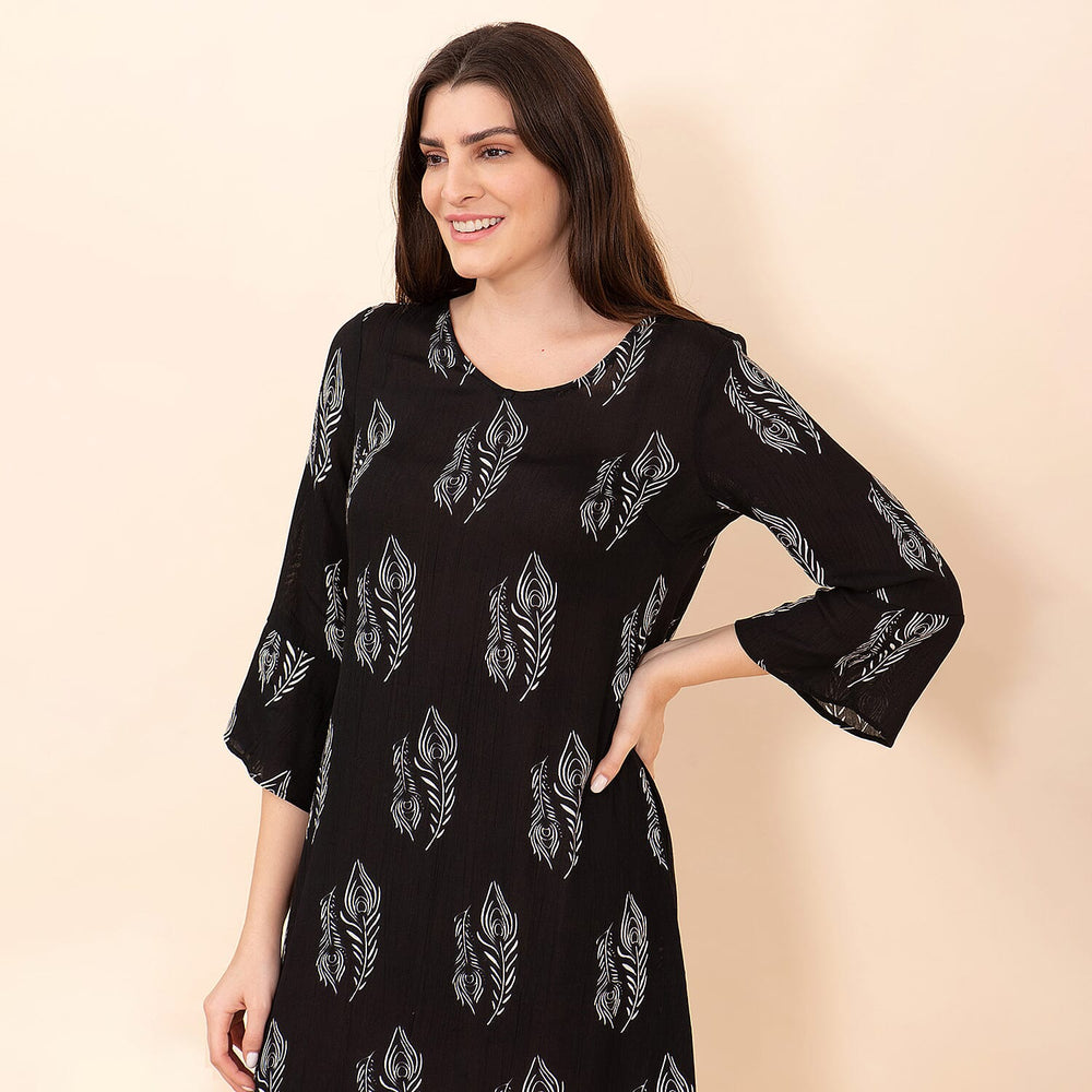 TAMSY 100% Viscose Peacock Pattern Midi Dress (Size 20) - Black - White