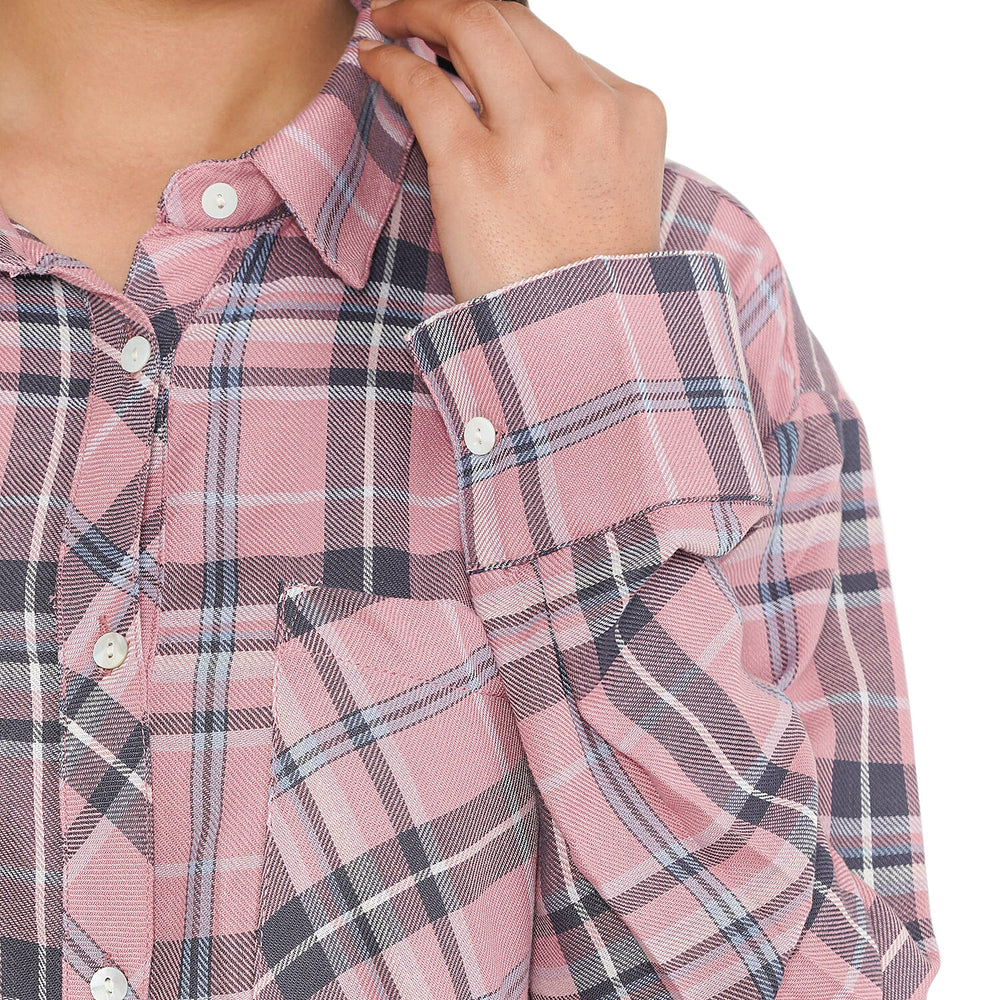 TAMSY 100% Viscose Check Pattern Shirt (Size XXL) - Pink