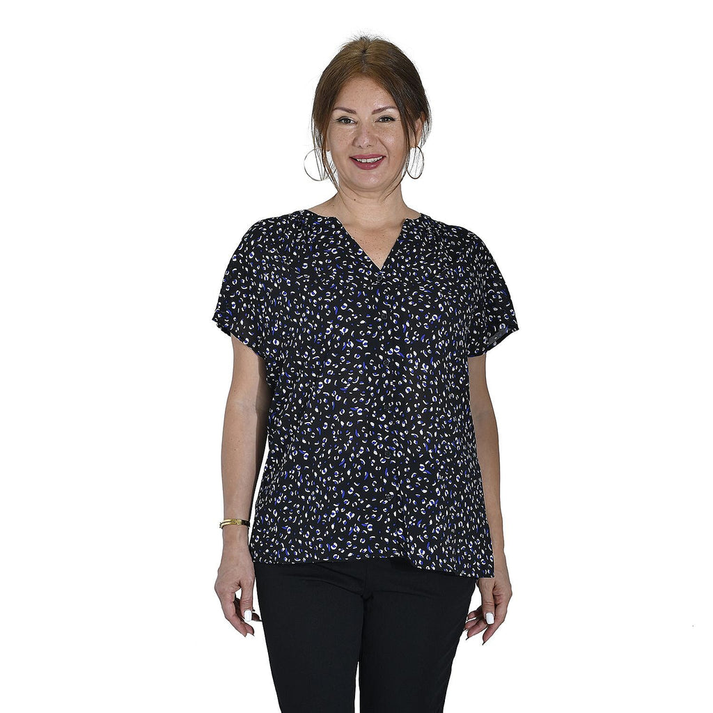 TAMSY Printed V-Neck Short Sleeves Blouse (Size M) - Black