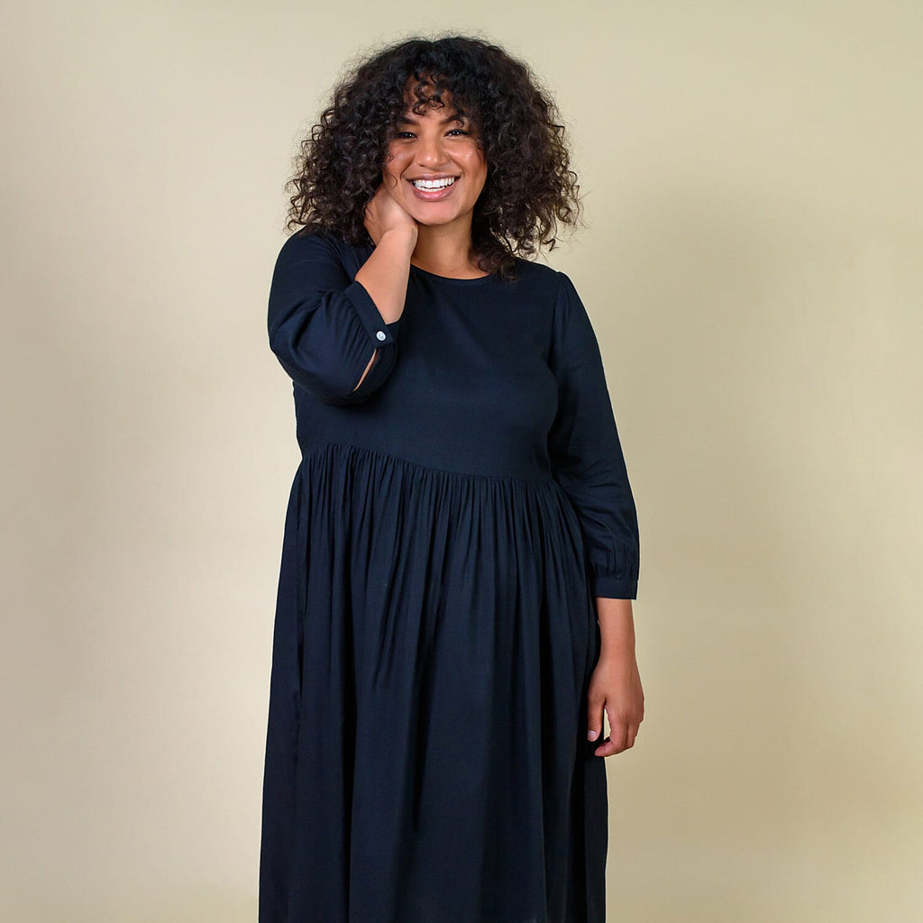TAMSY 100% Viscose Crew Neck Mid Dress (Size 16) - Black
