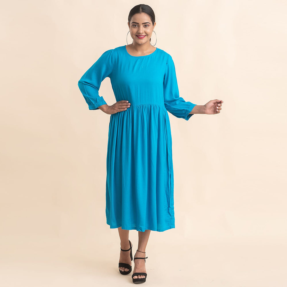 TAMSY 100% Viscose Crew Neck Mid Dress (Size 16) - Blue