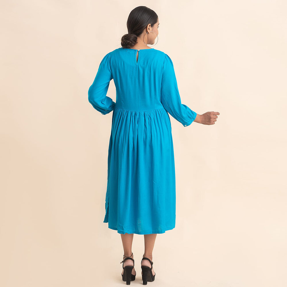 TAMSY 100% Viscose Crew Neck Mid Dress (Size 16) - Blue