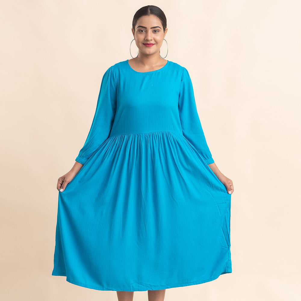 TAMSY 100% Viscose Crew Neck Mid Dress (Size 16) - Blue