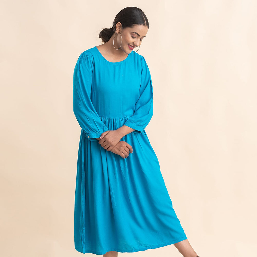 TAMSY 100% Viscose Crew Neck Mid Dress (Size 16) - Blue