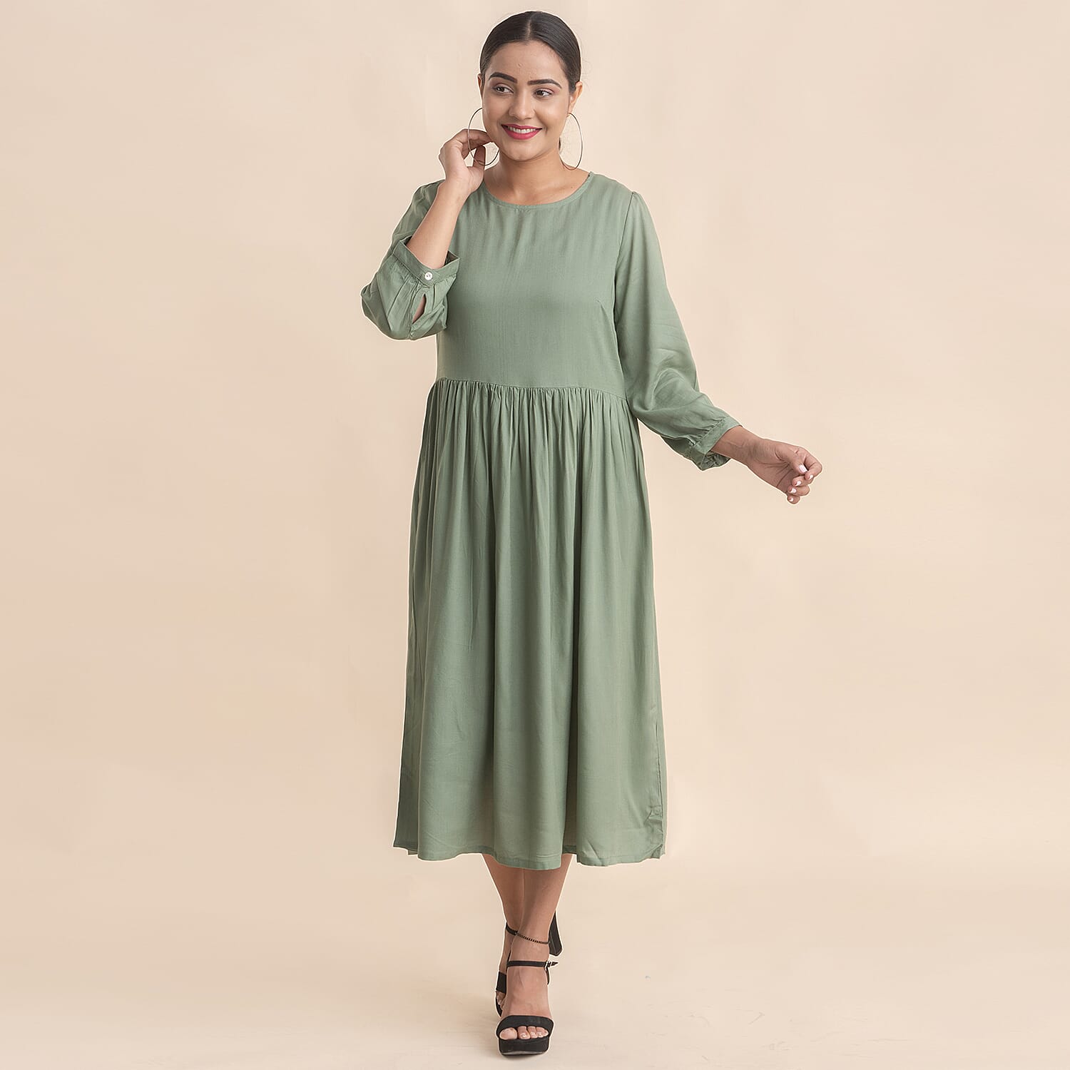 TAMSY 100% Viscose Crew Neck Mid Dress (Size 16) - Green