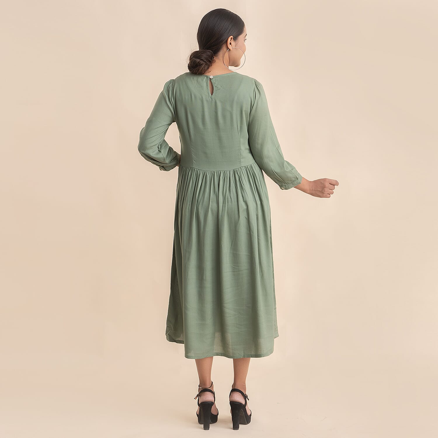 TAMSY 100% Viscose Crew Neck Mid Dress (Size 16) - Green