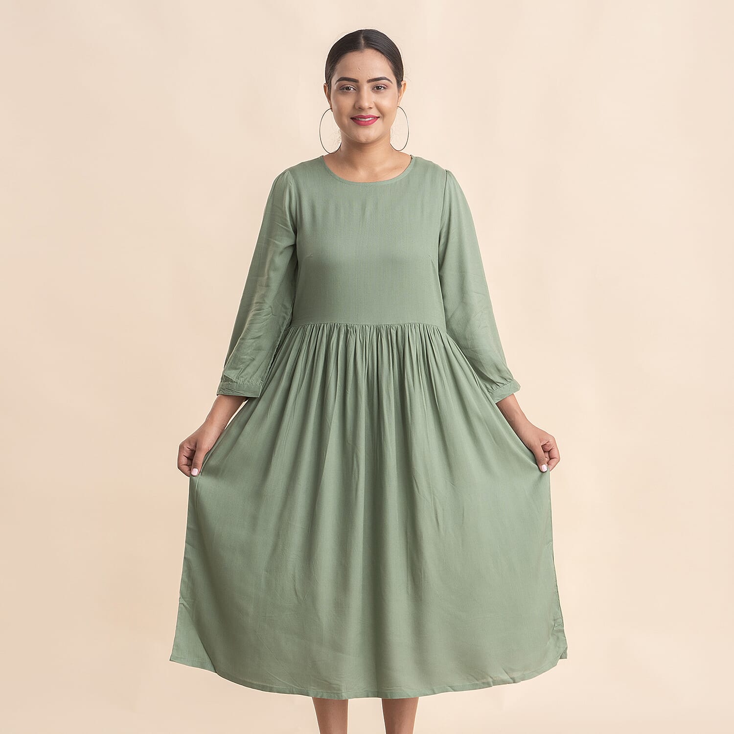 TAMSY 100% Viscose Crew Neck Mid Dress (Size 16) - Green