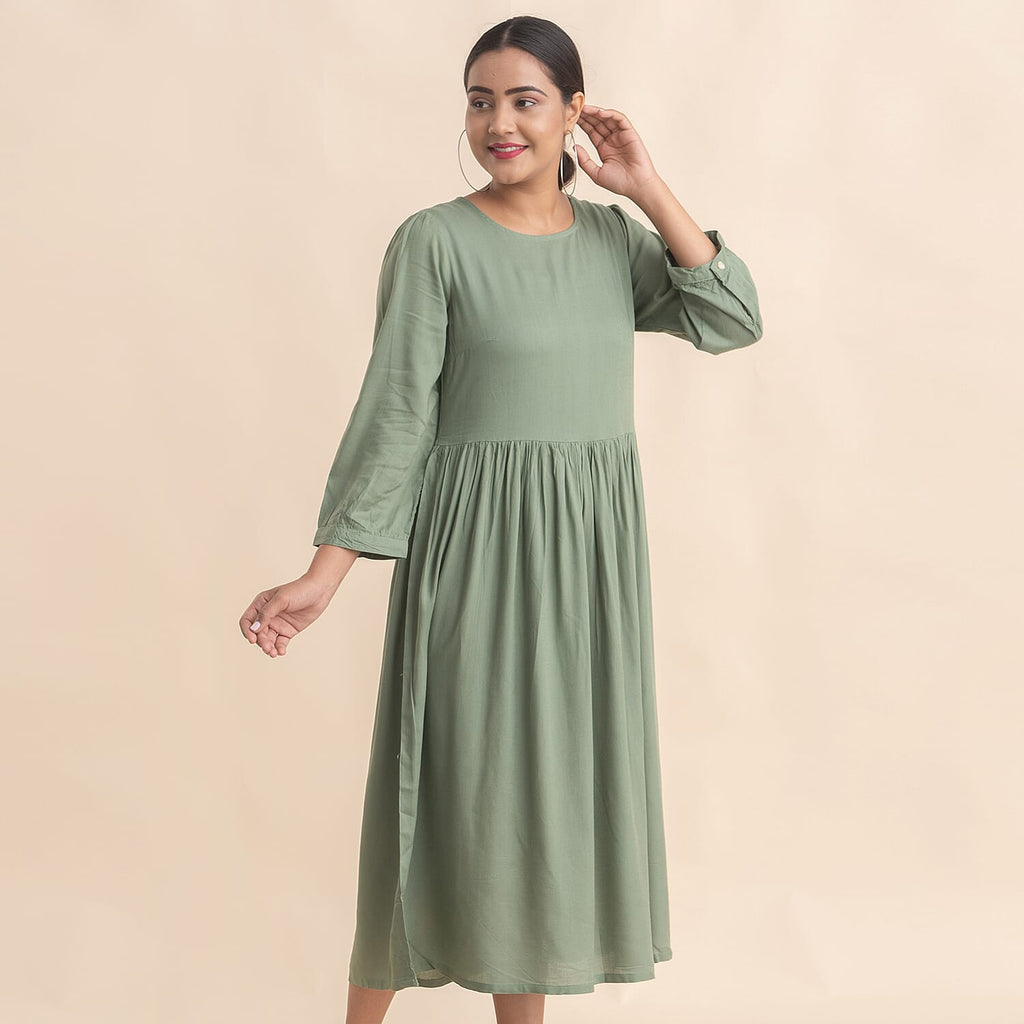 TAMSY 100% Viscose Crew Neck Mid Dress (Size 16) - Green
