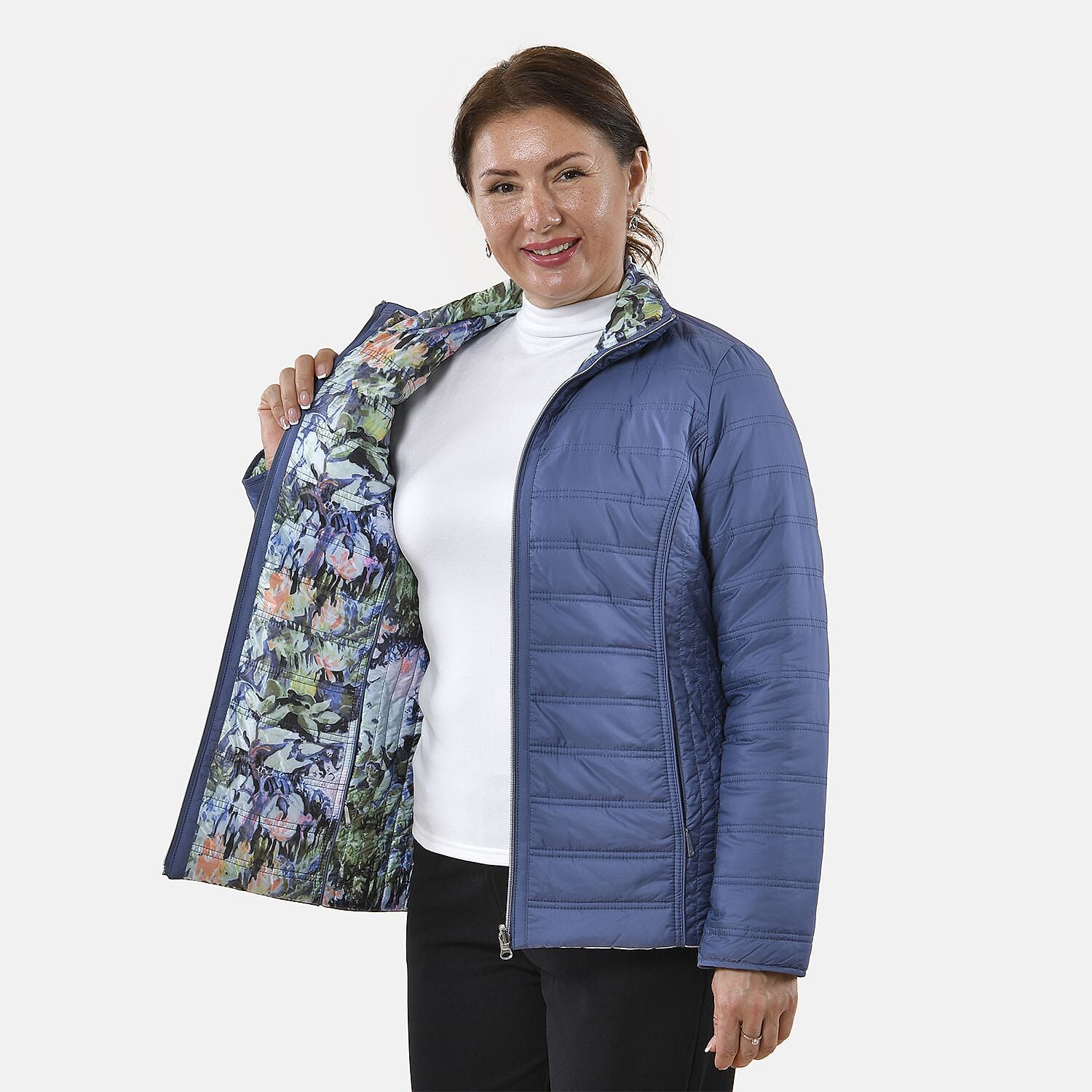 TAMSY Reverible Padded Lining Jacket with Front Zipper Closure (Size 10) - Blue