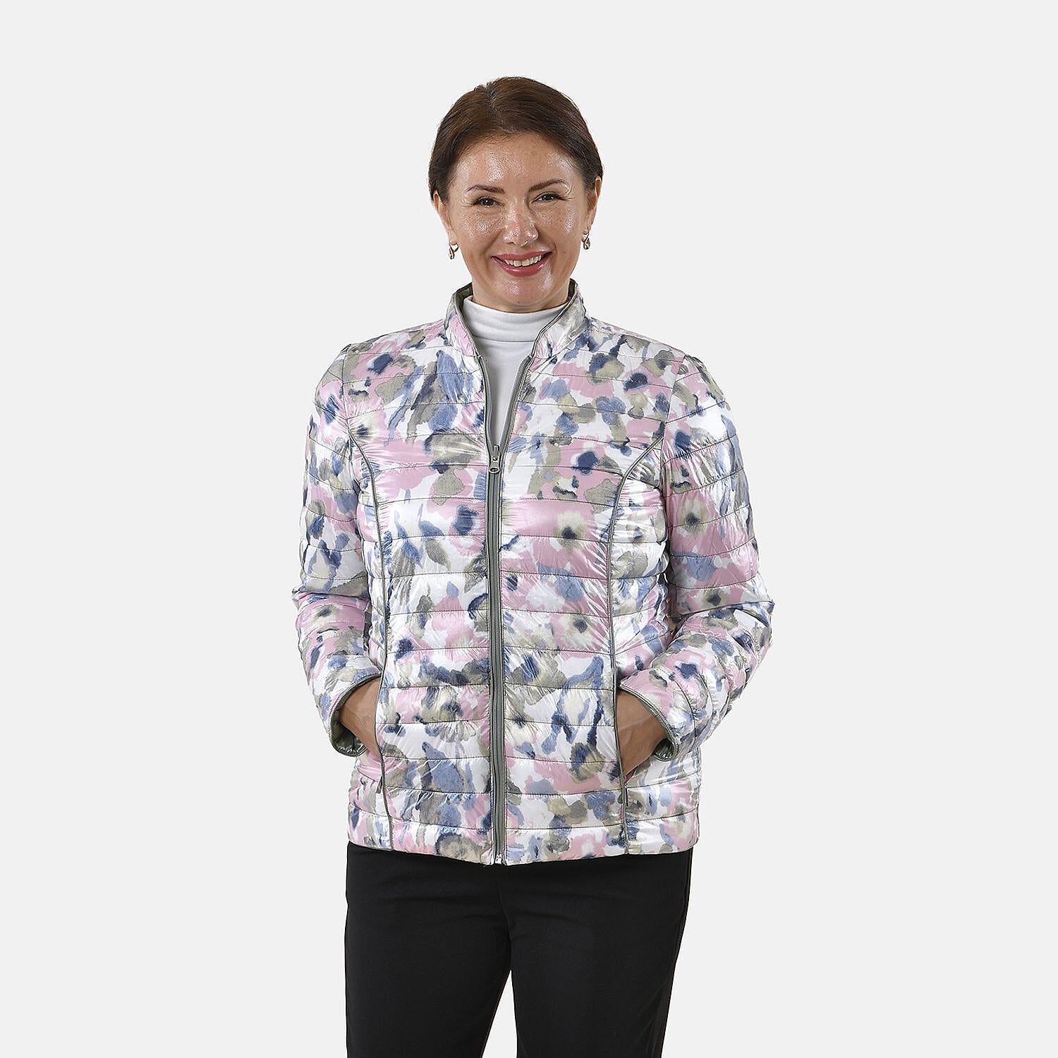 Solid Floral Pattern Reversible Padded Jacket (Size 22) - Green and Multi