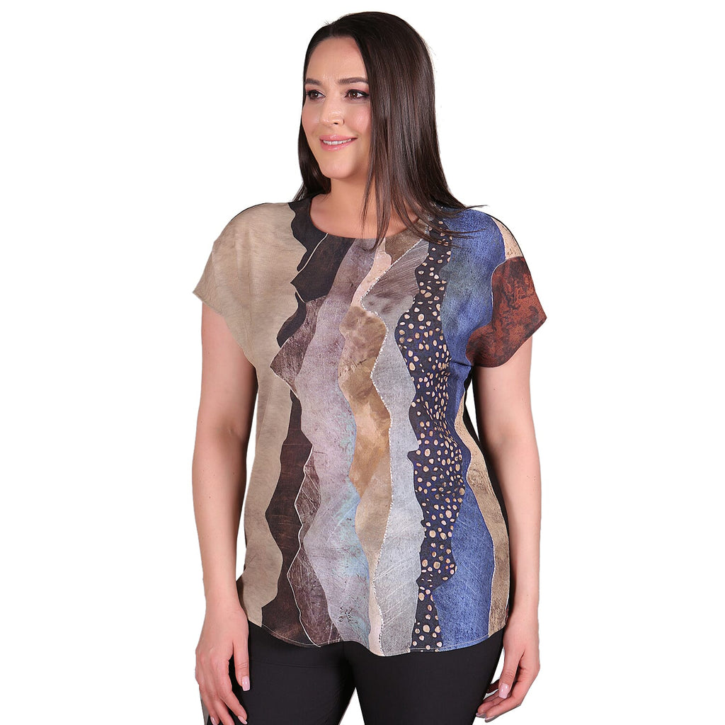 TAMSY Sahara Pattern Low Sleeves Blouse (Size L,16-18) - Stone Colour