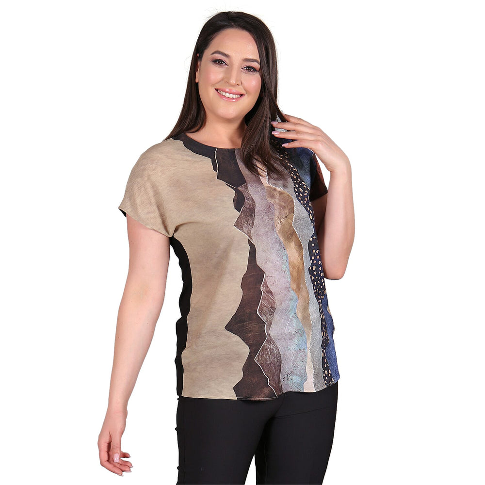 TAMSY Sahara Pattern Low Sleeves Blouse (Size L,16-18) - Stone Colour