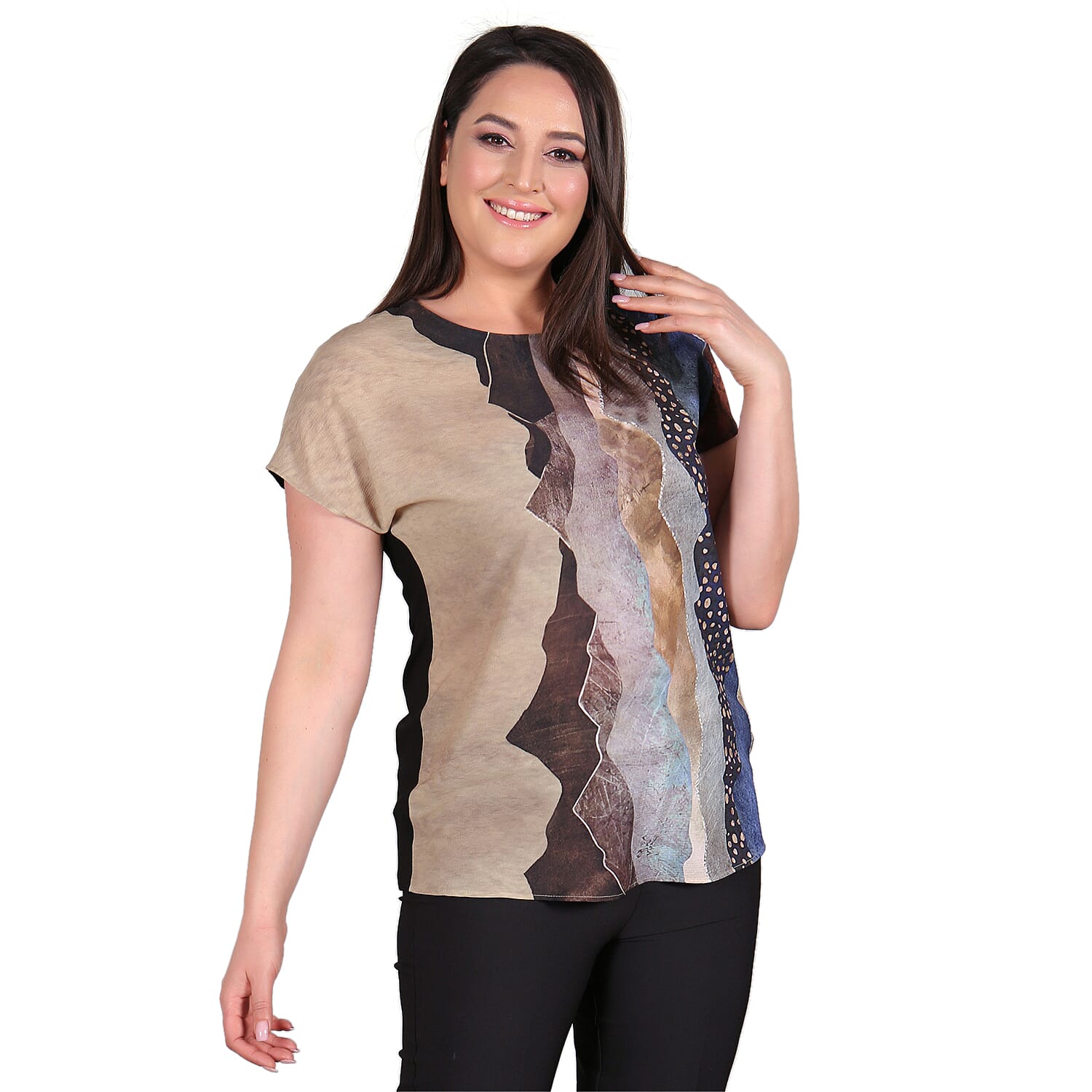 TAMSY Sahara Pattern Low Sleeves Blouse (Size L,16-18) - Stone Colour
