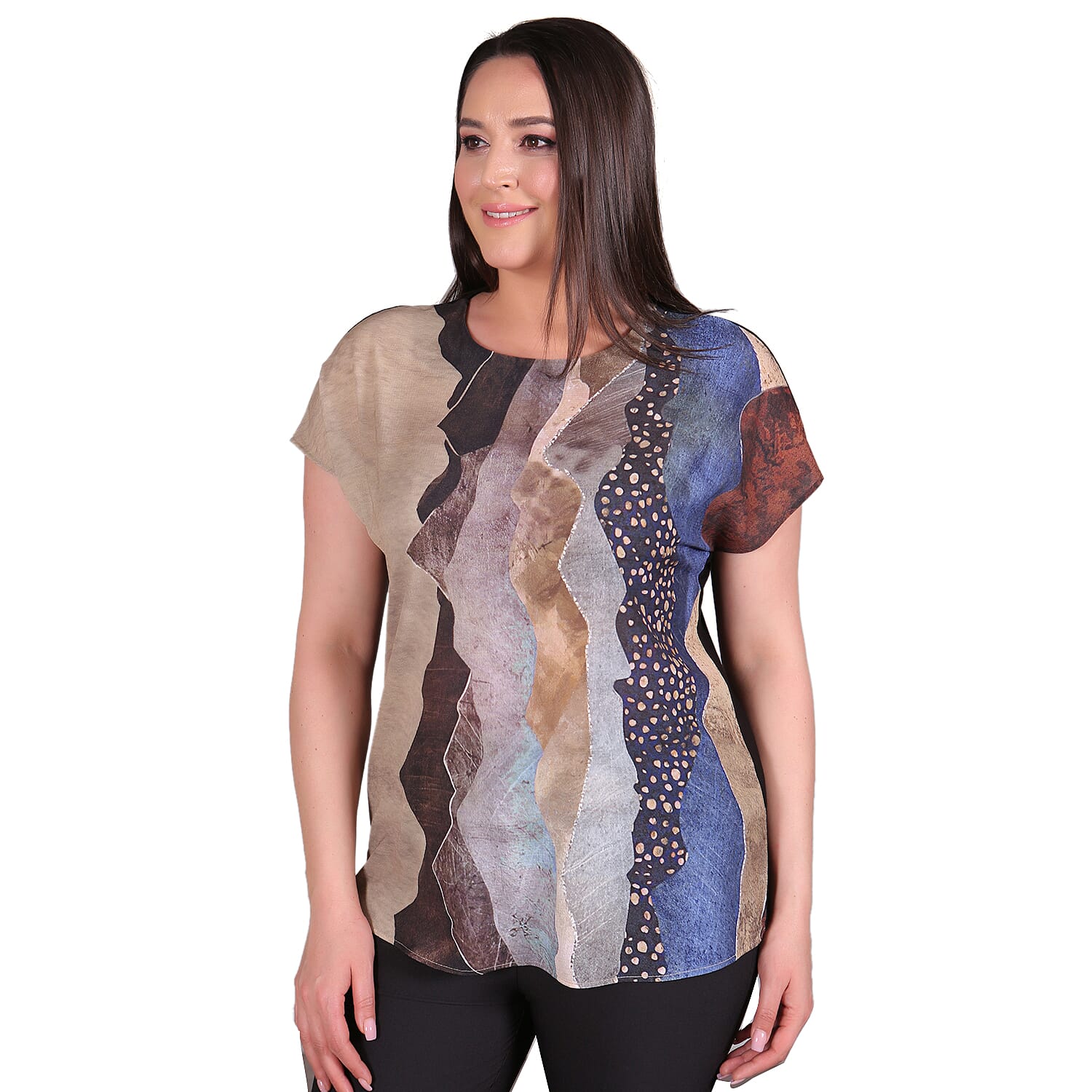 TAMSY Sahara Pattern Low Sleeves Blouse (Size XL,20-22) - Stone Colour