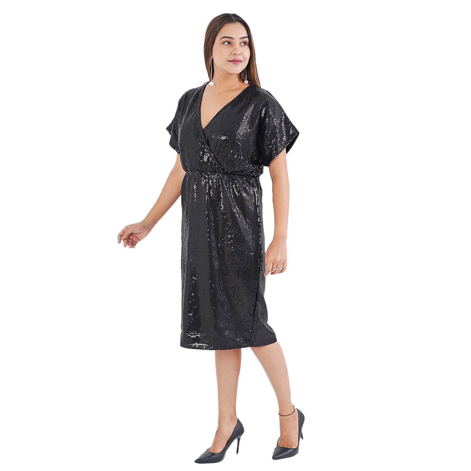 TAMSY Sequin V Neck Midi Dress (Size 20) - Black