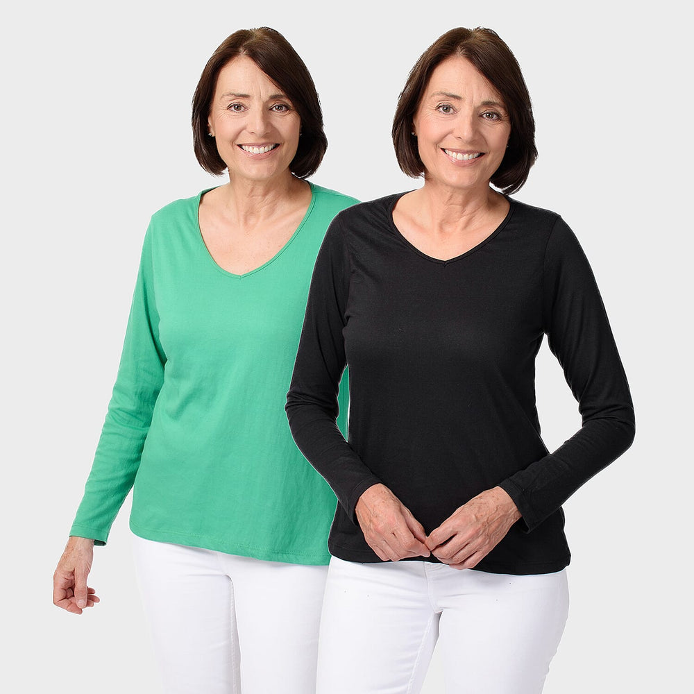 TAMSY Set of 2 Long Sleeve Classic V Neck T-Shirt (Size S) - Black - Green