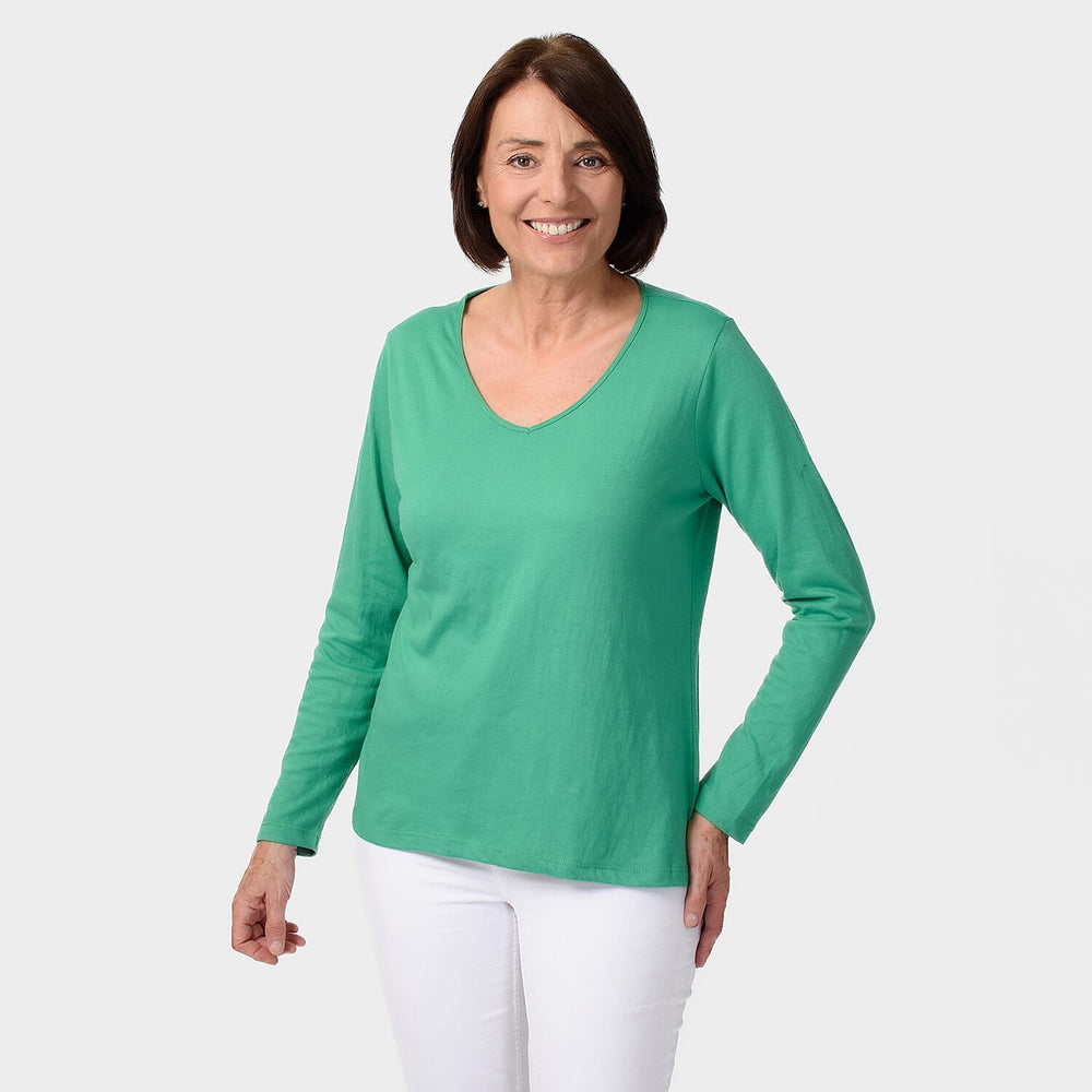 TAMSY Set of 2 Long Sleeve Classic V Neck T-Shirt (Size S) - Black - Green