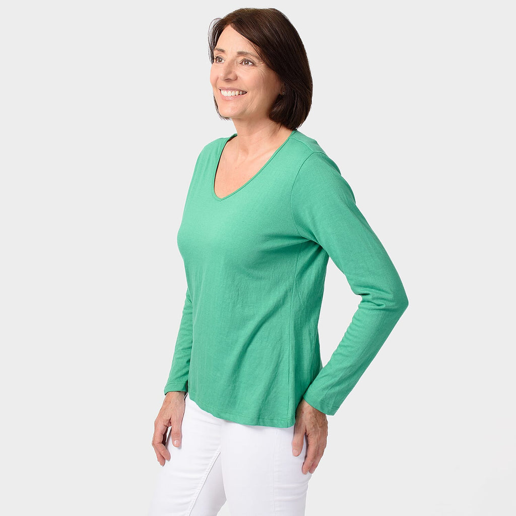 TAMSY Set of 2 Long Sleeve Classic V Neck T-Shirt (Size S) - Black - Green