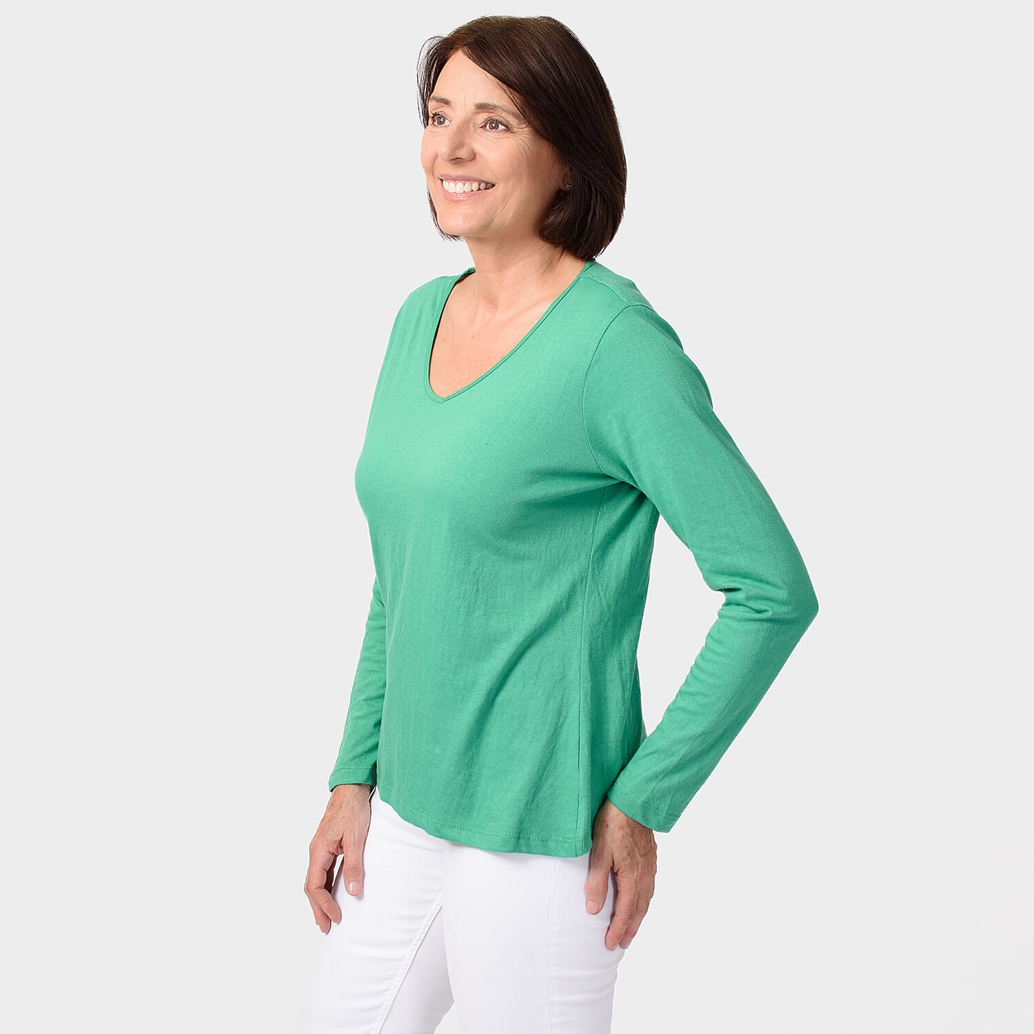 TAMSY Set of 2 Long Sleeve Classic V Neck T-Shirt (Size S) - Black - Green
