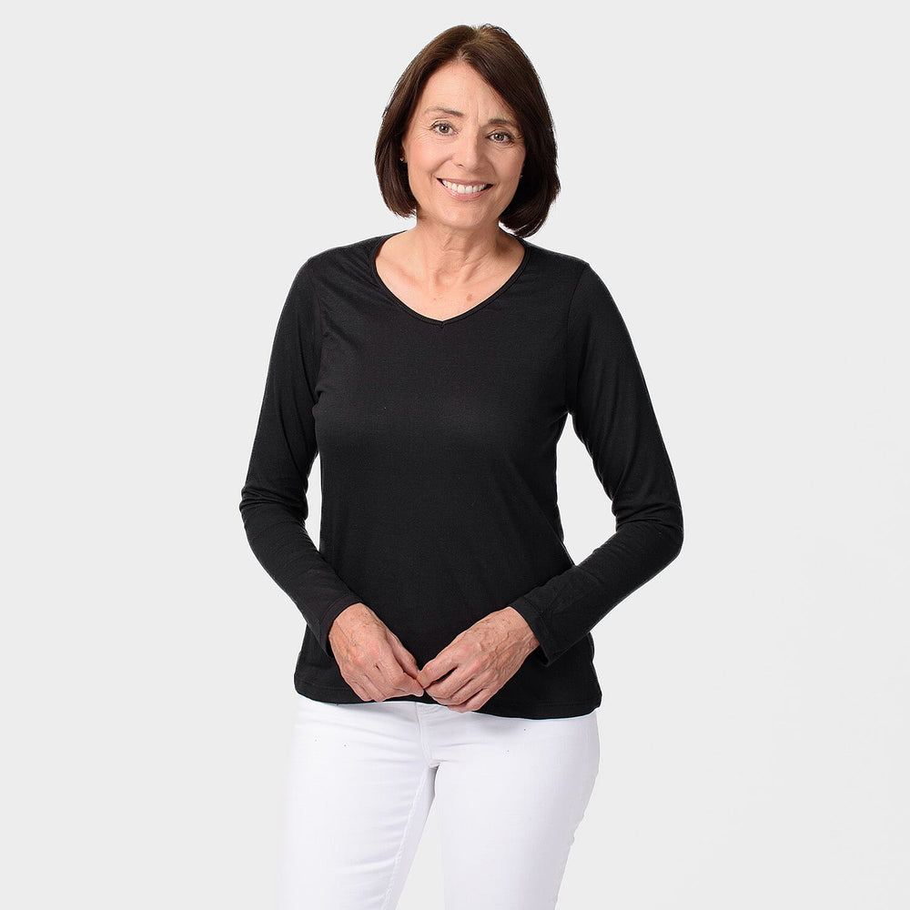 TAMSY Set of 2 Long Sleeve Classic V Neck T-Shirt (Size S) - Black - Green