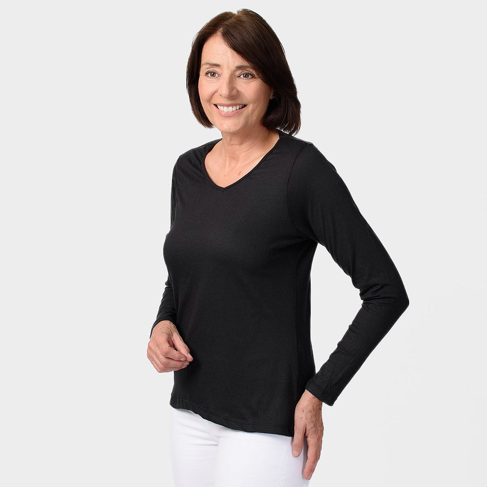 TAMSY Set of 2 Long Sleeve Classic V Neck T-Shirt (Size S) - Black - Green