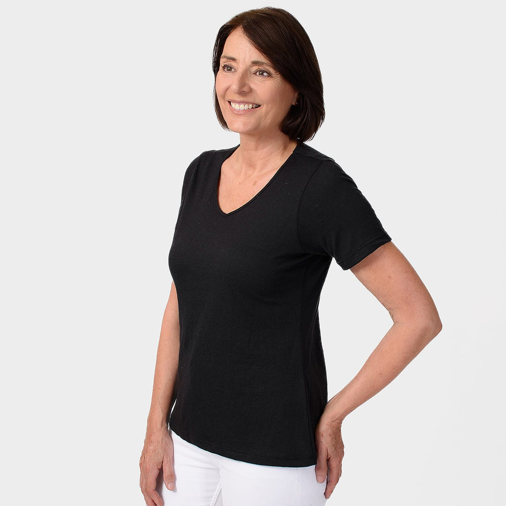 TAMSY Set of 2 Short Sleeve Classic V Neck T-Shirt (Size M) - Black - Coral