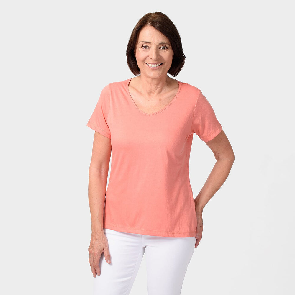 TAMSY Set of 2 Short Sleeve Classic V Neck T-Shirt (Size M) - Black - Coral