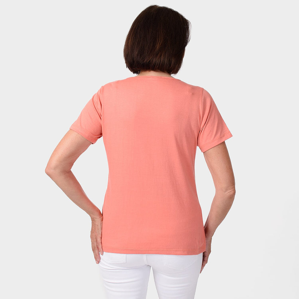 TAMSY Set of 2 Short Sleeve Classic V Neck T-Shirt (Size M) - Black - Coral