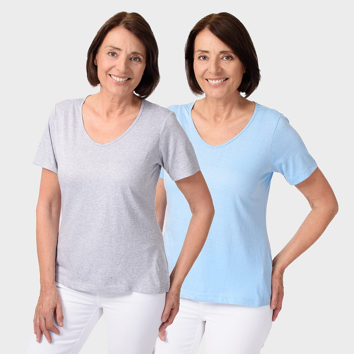 TAMSY Set of 2 Short Sleeve Classic V Neck T-Shirt (Size M) - Sky Blue - Grey