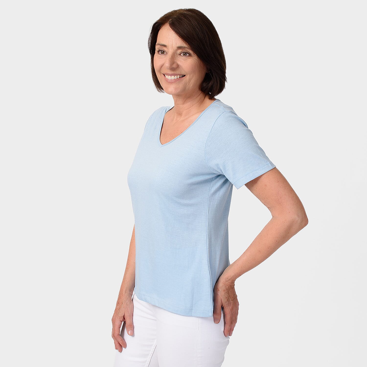 TAMSY Set of 2 Short Sleeve Classic V Neck T-Shirt (Size M) - Sky Blue - Grey