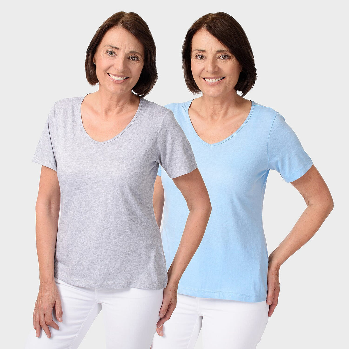 TAMSY Set of 2 Short Sleeve Classic V Neck T-Shirt (Size M) - Sky Blue - Grey
