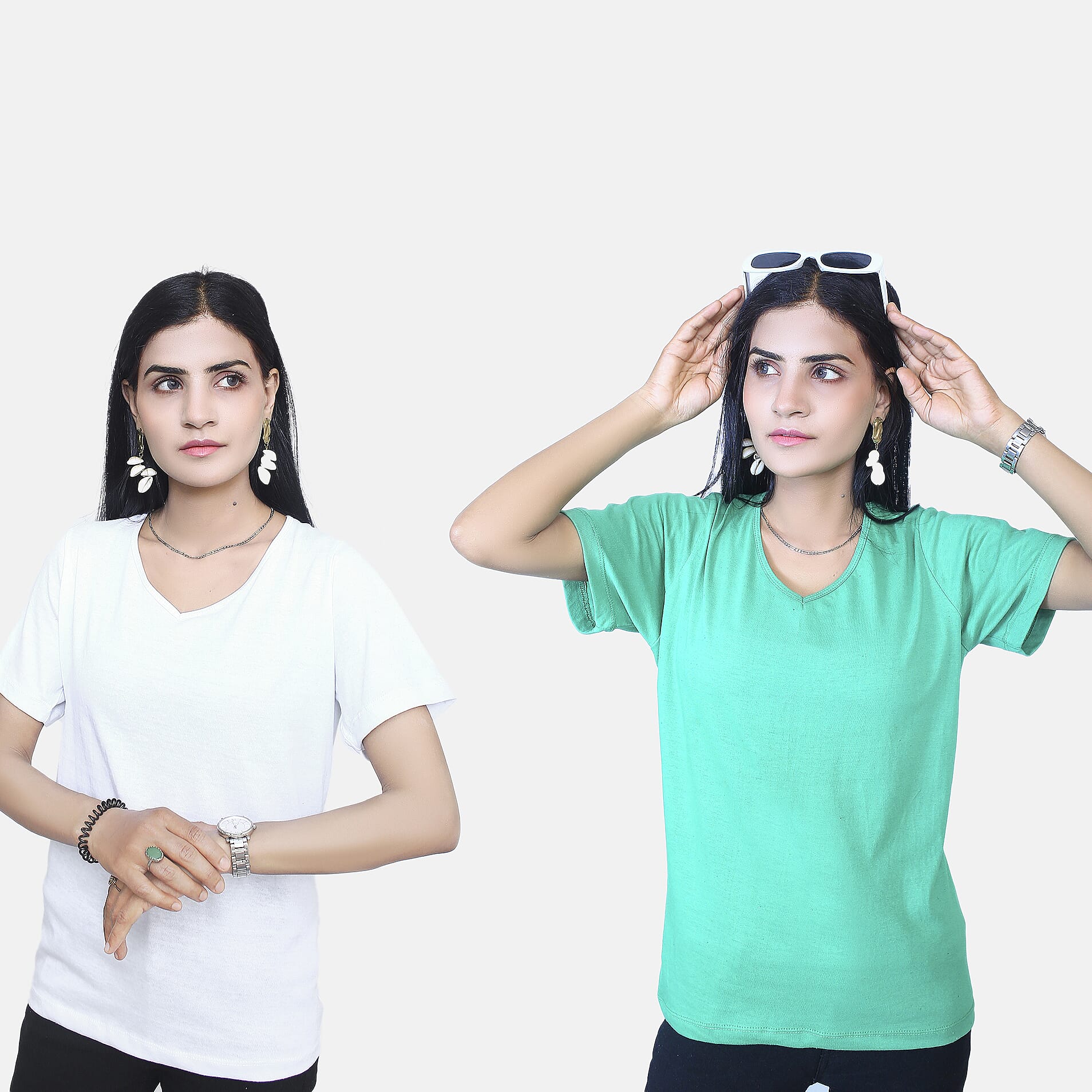 TAMSY Set of 2 Short Sleeve Classic V Neck T-Shirt (Size S) - White - Mint