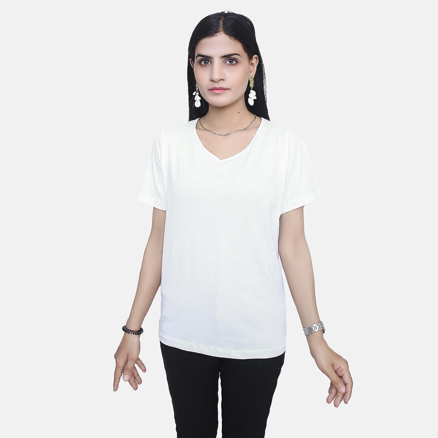 TAMSY Set of 2 Short Sleeve Classic V Neck T-Shirt (Size S) - White - Mint