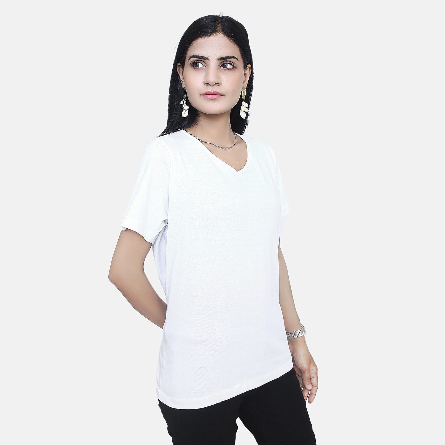 TAMSY Set of 2 Short Sleeve Classic V Neck T-Shirt (Size S) - White - Mint