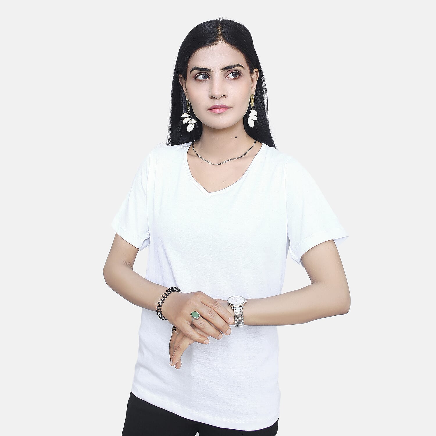 TAMSY Set of 2 Short Sleeve Classic V Neck T-Shirt (Size S) - White - Mint