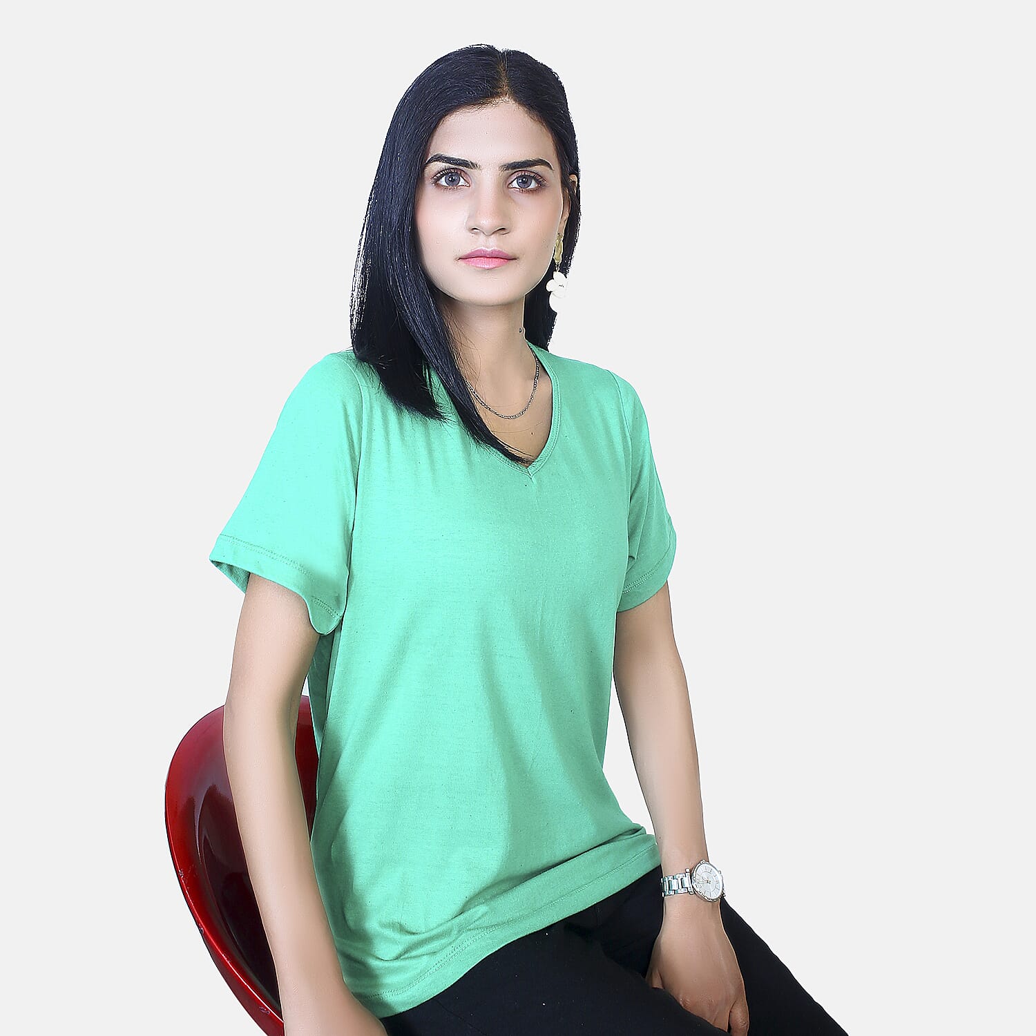 TAMSY Set of 2 Short Sleeve Classic V Neck T-Shirt (Size S) - White - Mint
