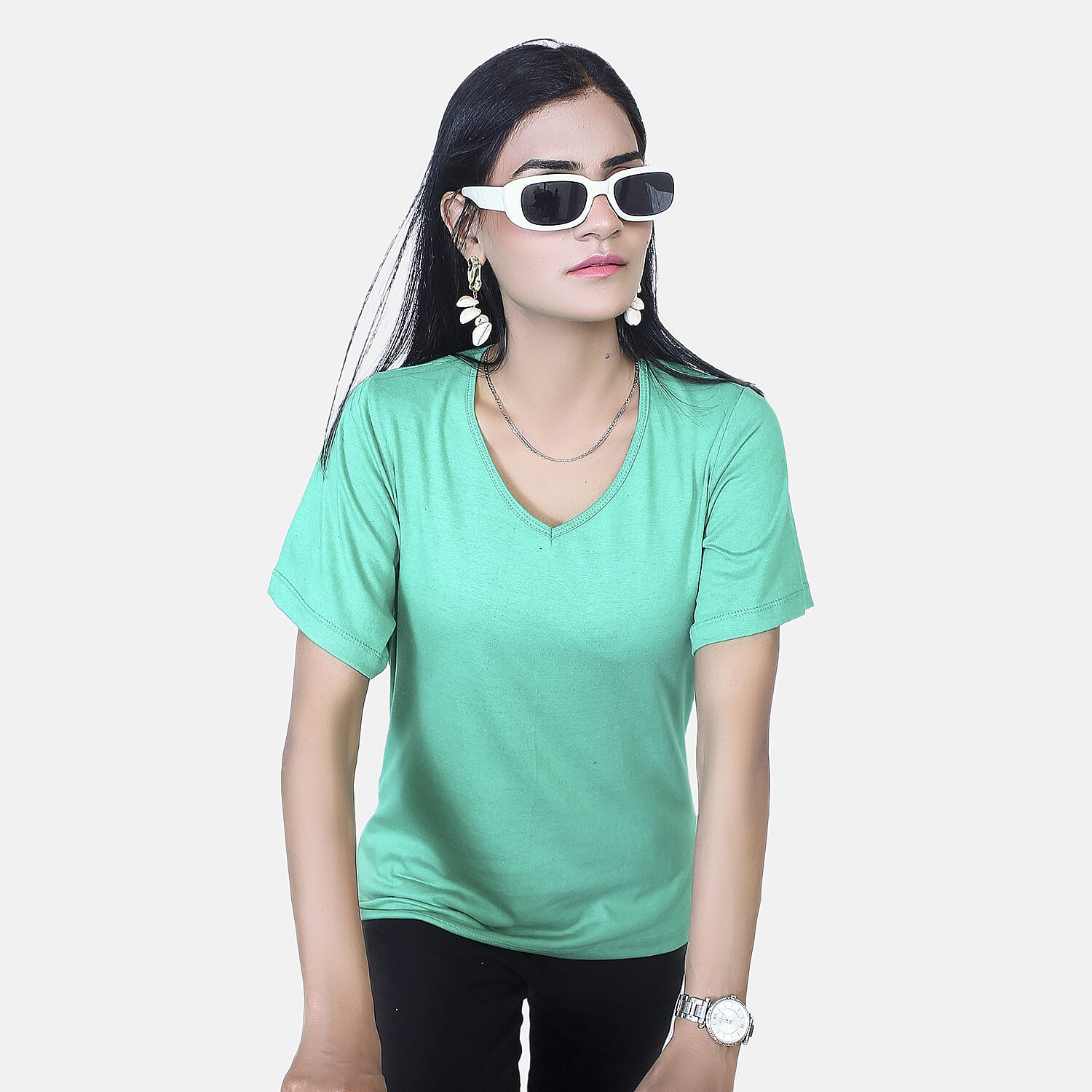 TAMSY Set of 2 Short Sleeve Classic V Neck T-Shirt (Size S) - White - Mint