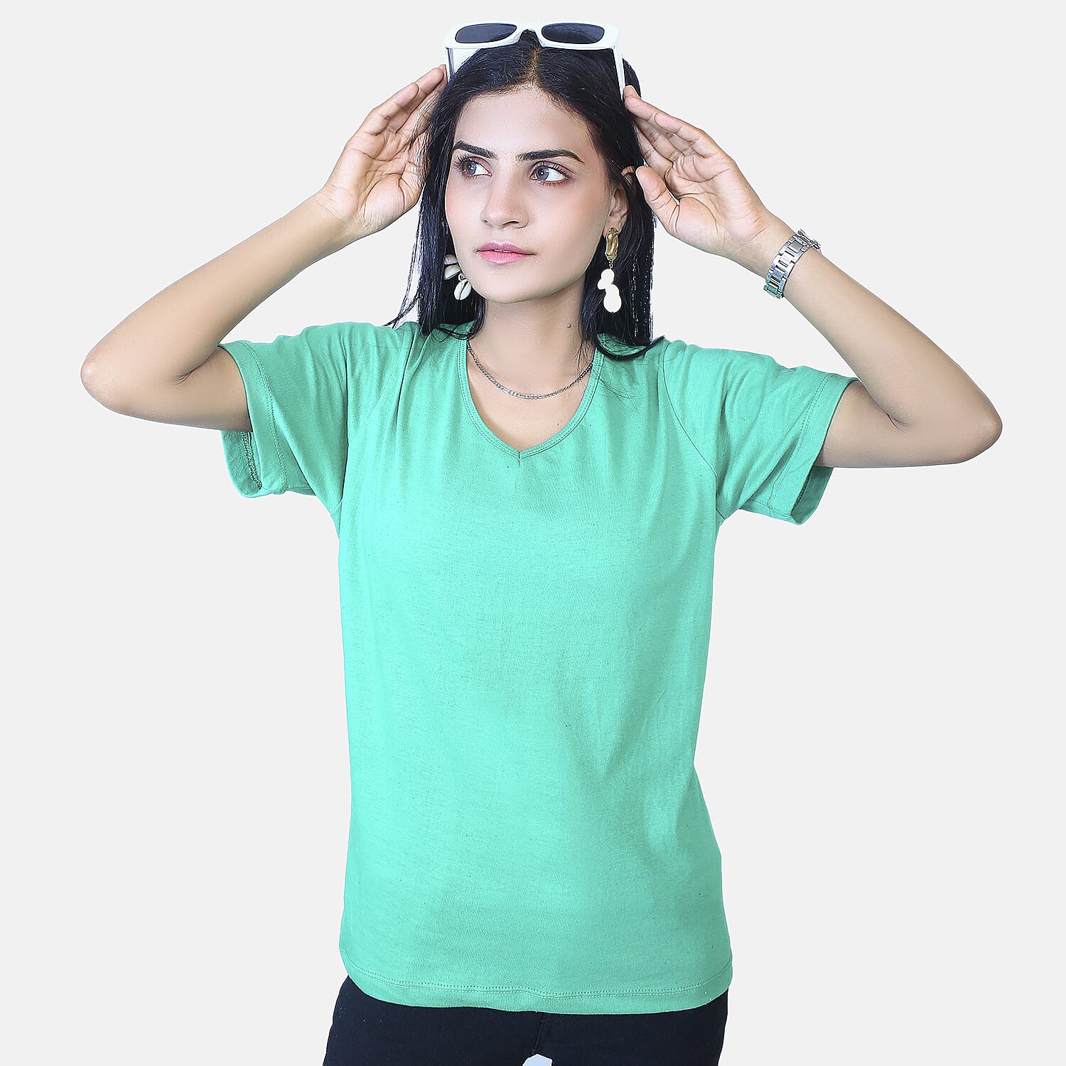 TAMSY Set of 2 Short Sleeve Classic V Neck T-Shirt (Size S) - White - Mint