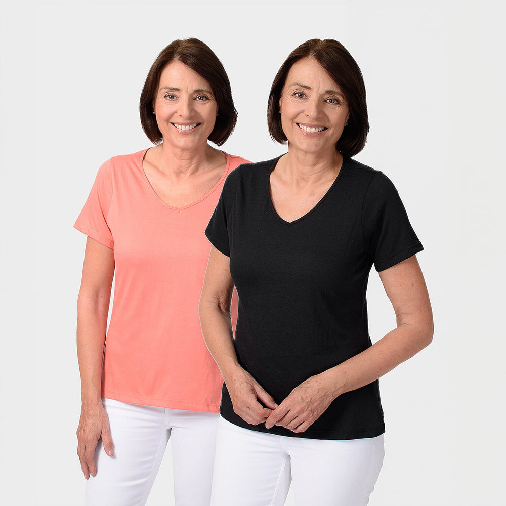 TAMSY Set of 2 Short Sleeve Classic V Neck T-Shirt (Size XL) - Black - Coral